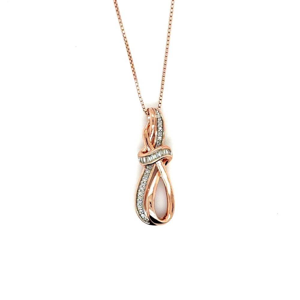 Rose Gold 925 Sterling Silver Diamond Knot Pendant Necklace 19in Chain